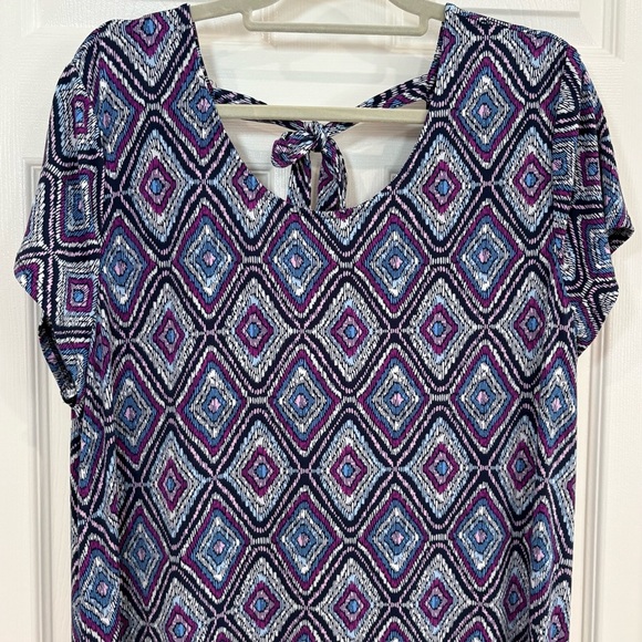 Chico's Asymmetrical Short Sleeve Stretchy Midi Dress Sz 3 Geometric Keyhole - Picture 8 of 15